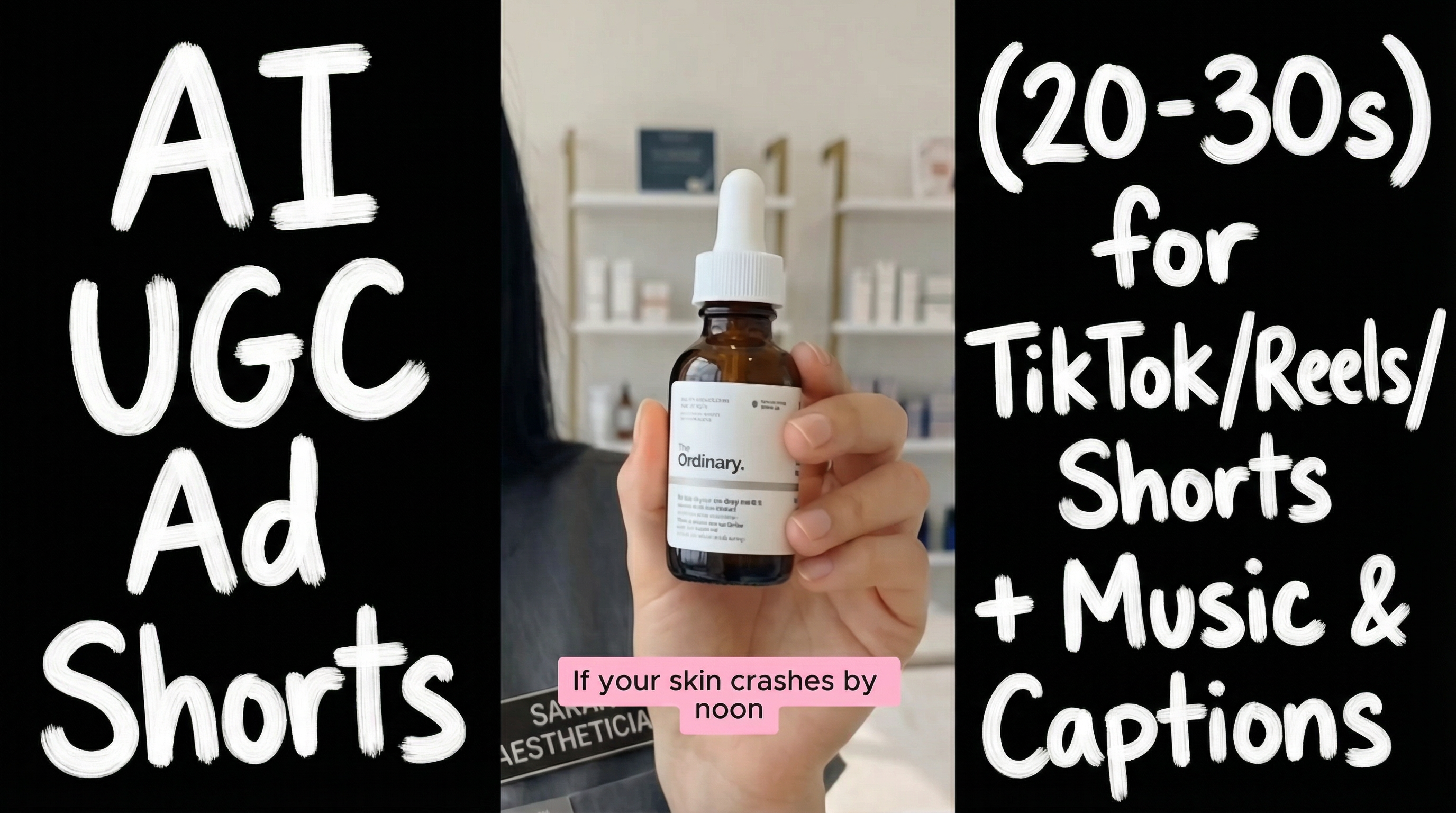 AI UGC ad thumbnail featuring a skincare dropper bottle and short-form video production text