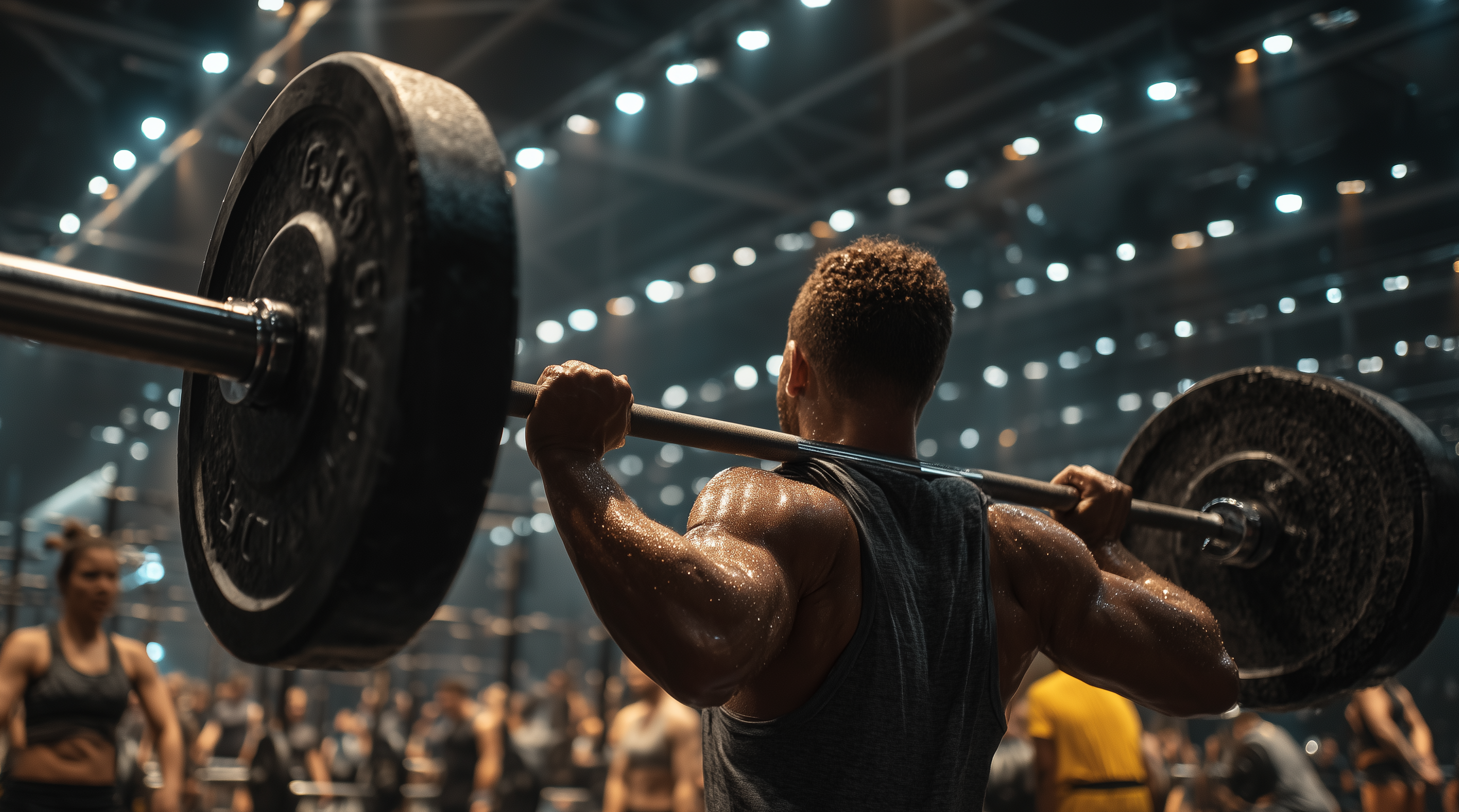 An athlete lifting a barbell in a brightly lit gym