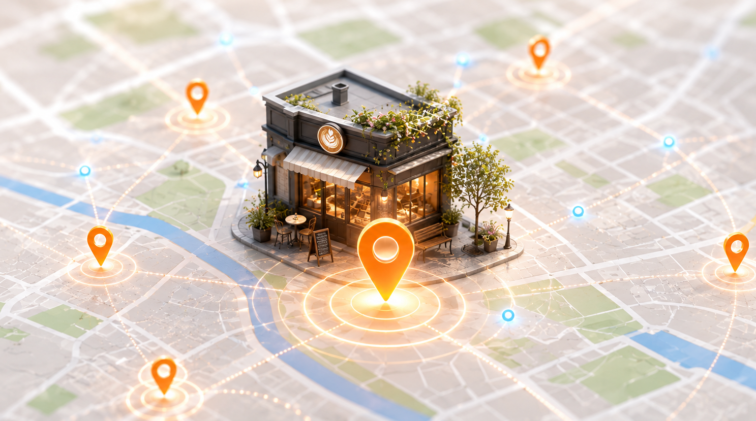 A miniature coffee shop on a map connected by glowing orange location pins