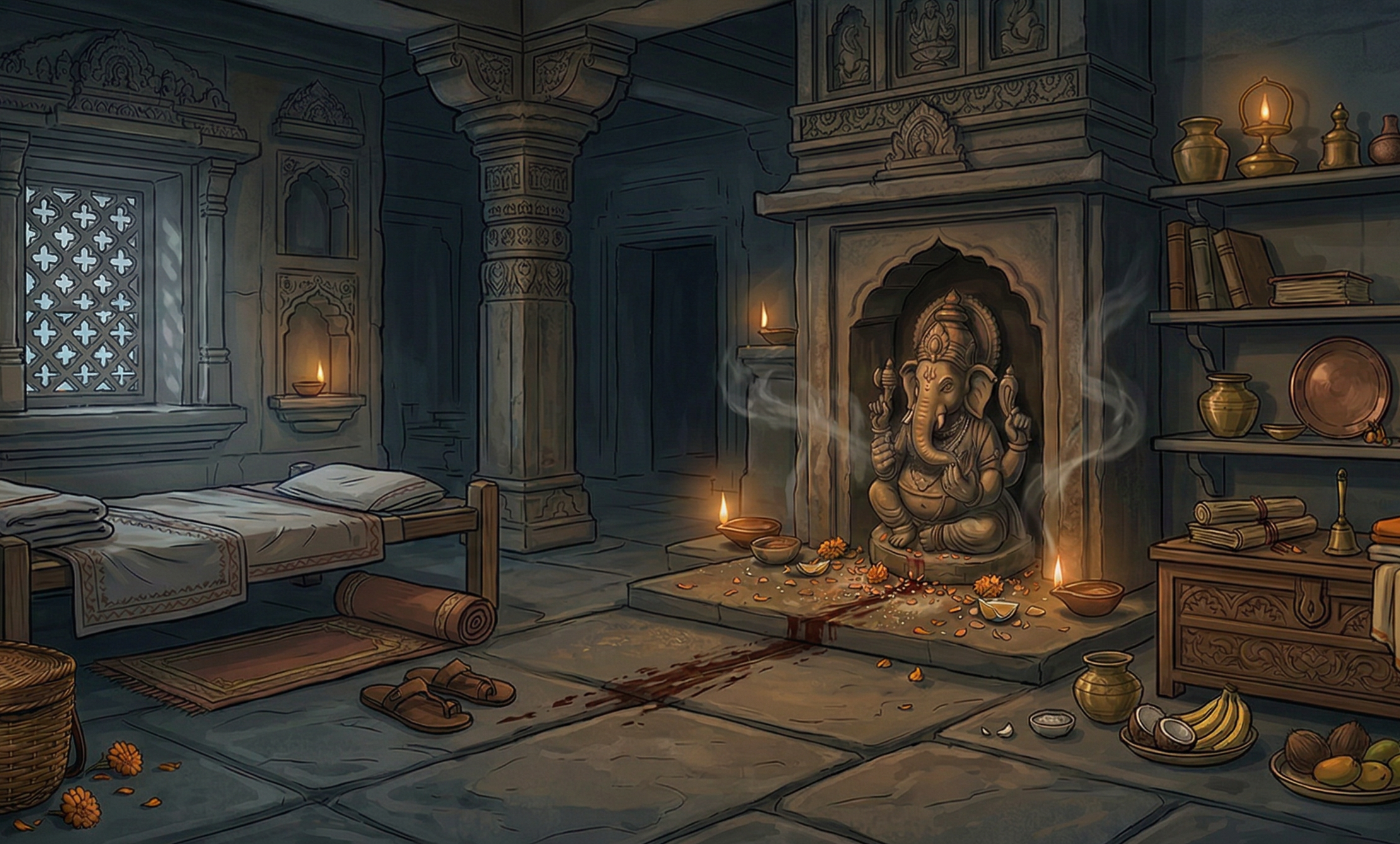 An illustrated temple shrine lit by oil lamps in The God Killer